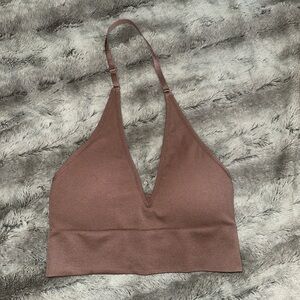 women’s small mocha brown halter bralette crop sports bra with adjustable straps